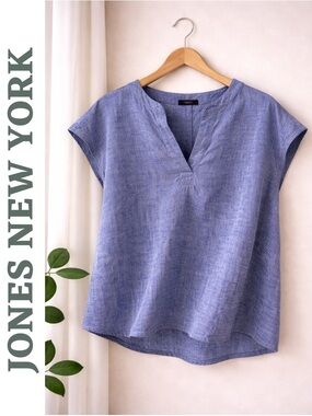 Jones New York Linen Blend Top XL Blue Cap Sleeve